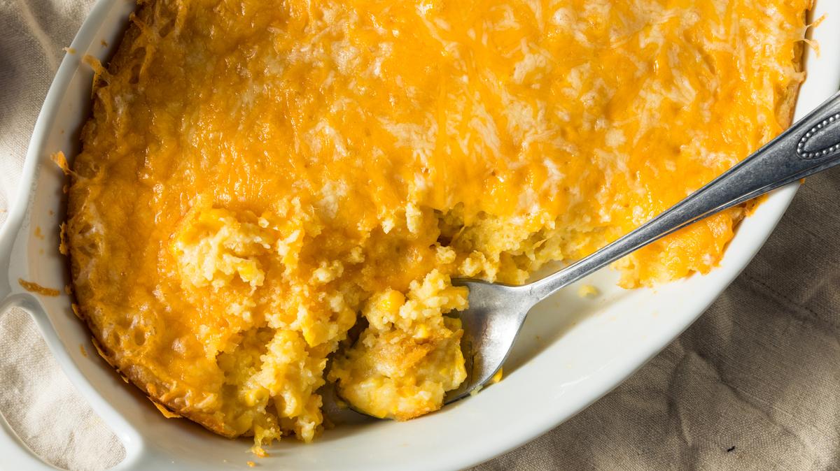 Homemade Corn Pudding Casserole with Cheddar Cheese