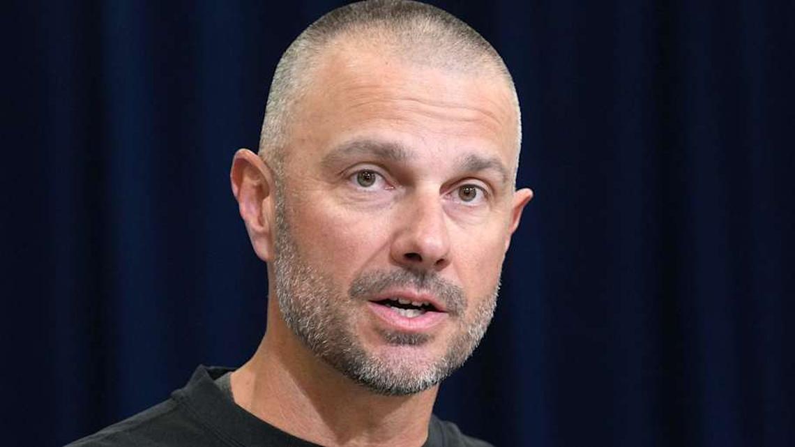  Feb 24, 2026; Indianapolis, IN, USA; Las Vegas Raiders general manager John Spytek speaks at the NFL Scouting Combine at the Indiana Convention Center. Mandatory Credit: Kirby Lee-Imagn Images | Kirby Lee-Imagn Images 