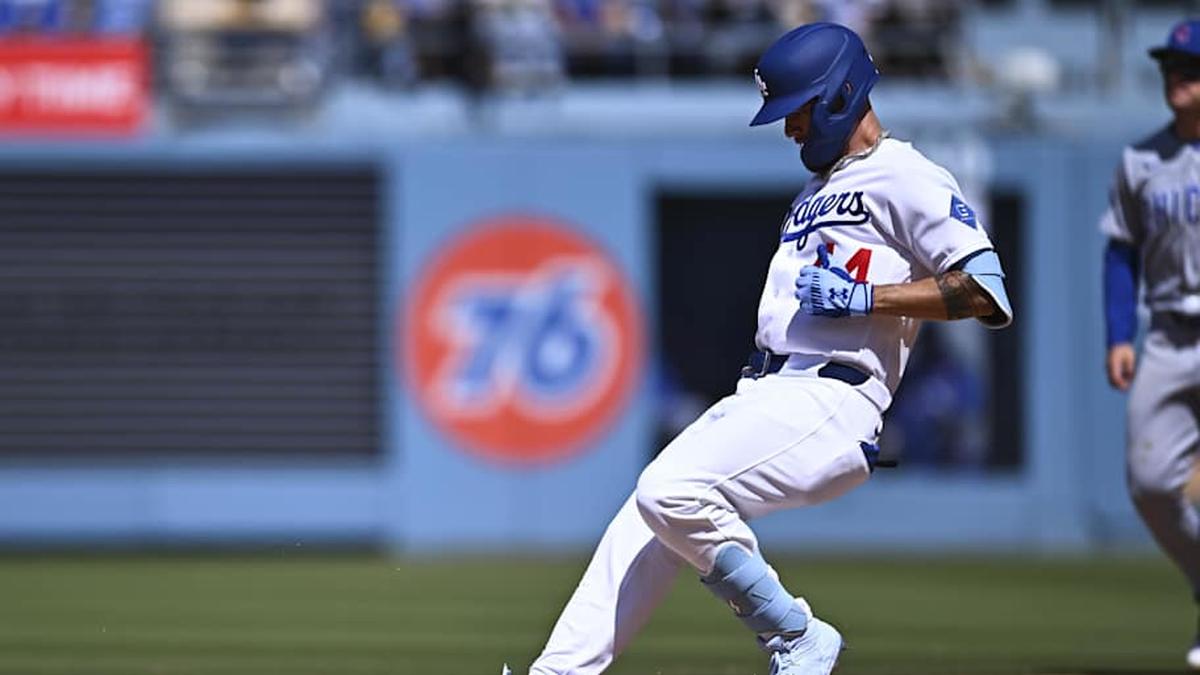  Apr 26, 2026; Los Angeles, California, USA; Los Angeles Dodgers center fielder Andy Pages (44) runs to second after hitting a double against the Chicago Cubs in the sixth inning at Dodger Stadium. | Jonathan Hui-Imagn Images 