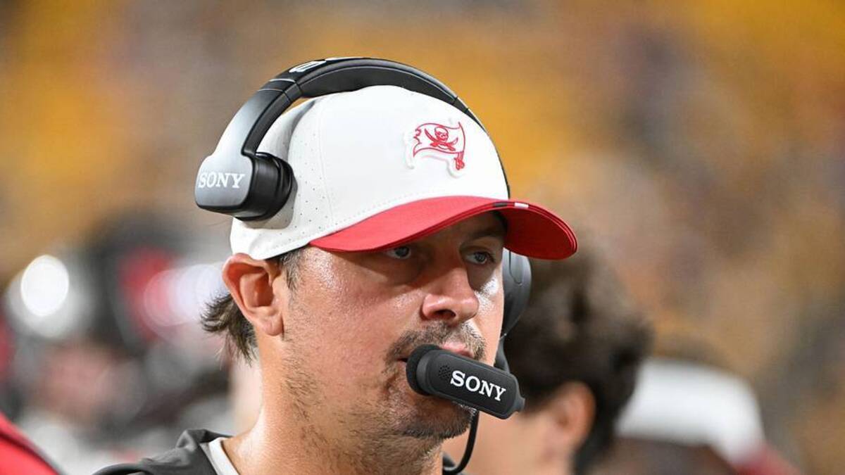  Aug 16, 2025; Pittsburgh, Pennsylvania, USA; Tampa Bay Buccaneers offensive coordinator Josh Grizzard watches the action against the Pittsburgh Steelers during the second half at Acrisure Stadium. | Barry Reeger-Imagn Images 