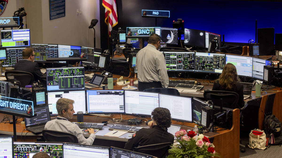 Mission Control Center during the Artemis II mission at Johnson Space Center in Houston, Texas, on Monday, April 6, 2026. The Artemis II astronauts have now ventured farther from Earth than anyone else in the history of humanity.