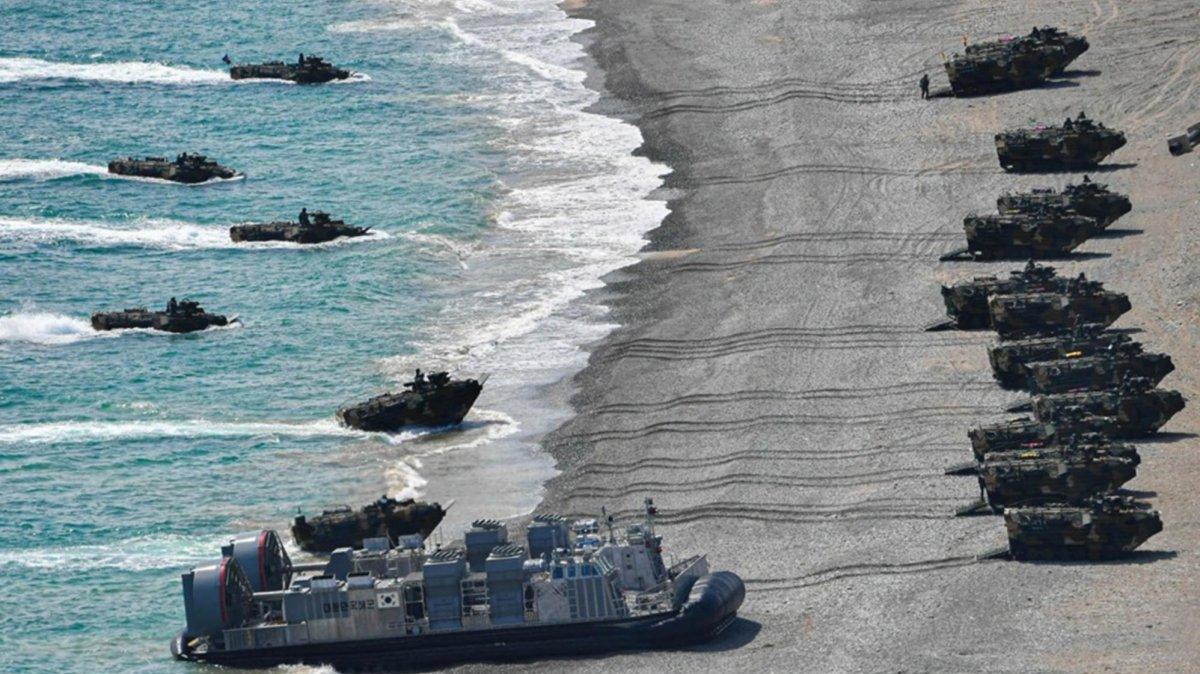 KAAV amphibious assault vehicles and an LSF landing craft carrying Marines moving toward a beach in Pohang, about 270 kilometers southeast of Seoul, South Korea, 26 April 2026 (issued 27 April 2026). The Navy and Marine Corps launched a weeklong regular amphibious landing exercise to maintain combat readiness against evolving threats in future warfare. Photo by ROK MARINE COMMAND YONHAP / EPA