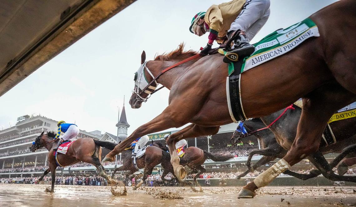  The field for the 151st running of the Kentucky Derby makes it past the grandstands for the first time. Michael Clevenger and O'Neil Arnold/Courier Journal / USA TODAY NETWORK via Imagn Images