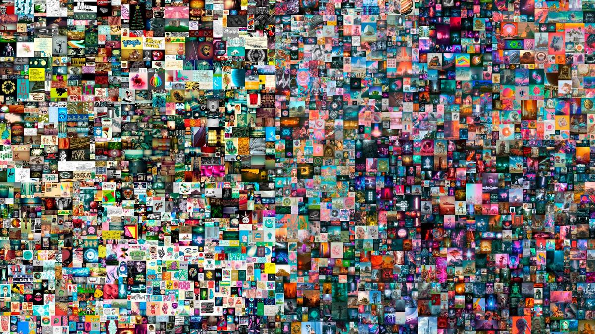 This undated photo released by Christie’s on Thursday, March 11, 2021 shows a digital collage titled “Everydays: The First 5,000 Days,” by an artist named Beeple. Vignesh Sundaresan and Anand Venkateswaran weren’t sure they had just spent $69.3 million on a digital artwork by an artist called Beeple, securing their place in art history. The March 11 auction at Christie’s in London immediately catapulted Beeple’s artwork into the realm of the most expensive pieces ever sold by living artists, alongside a well-known swimming pool painting by David Hockney and an iconic stainless steel rabbit sculpture by Jeff Koons. And it has also kicked off a new explosion of interest in non-fungible tokens, or NFTs, a sort of cryptocurrency-adjacent technology that provides the digital equivalent of a certificate of authenticity. (Christie’s via AP)
