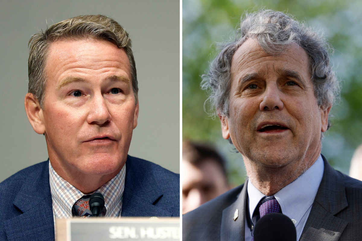  L: Senator Jon Husted at a Senate committee hearing on September 17, 2025, in Washington, D.C. R: Former Senator Sherrod Brown speaks in D.C. on April 18, 2023. 