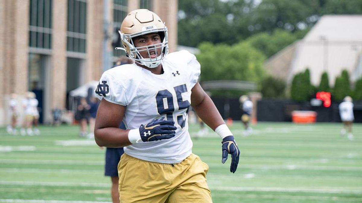  Tyson Ford DL of the Fighting Irish at Notre Dame football practice at the Irish Athletic Center on August 7, 2023. | MATTIE NERETIN / USA TODAY NETWORK 
