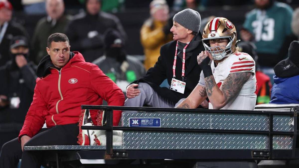  Jan 11, 2026; Philadelphia, PA, USA; San Francisco 49ers tight end George Kittle (85) is carted off the field after an injury during the second quarter against the Philadelphia Eagles in an NFC Wild Card Round game at Lincoln Financial Field. Mandatory Credit: Bill Streicher-Imagn Images | Bill Streicher-Imagn Images 