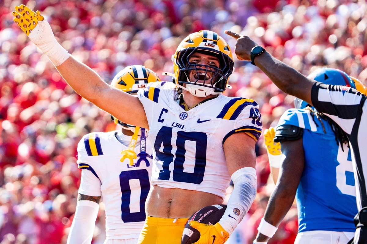  LSU linebacker Whit Weeks (40) gestures toward the crowd after a turnover during a game against Ole Miss.