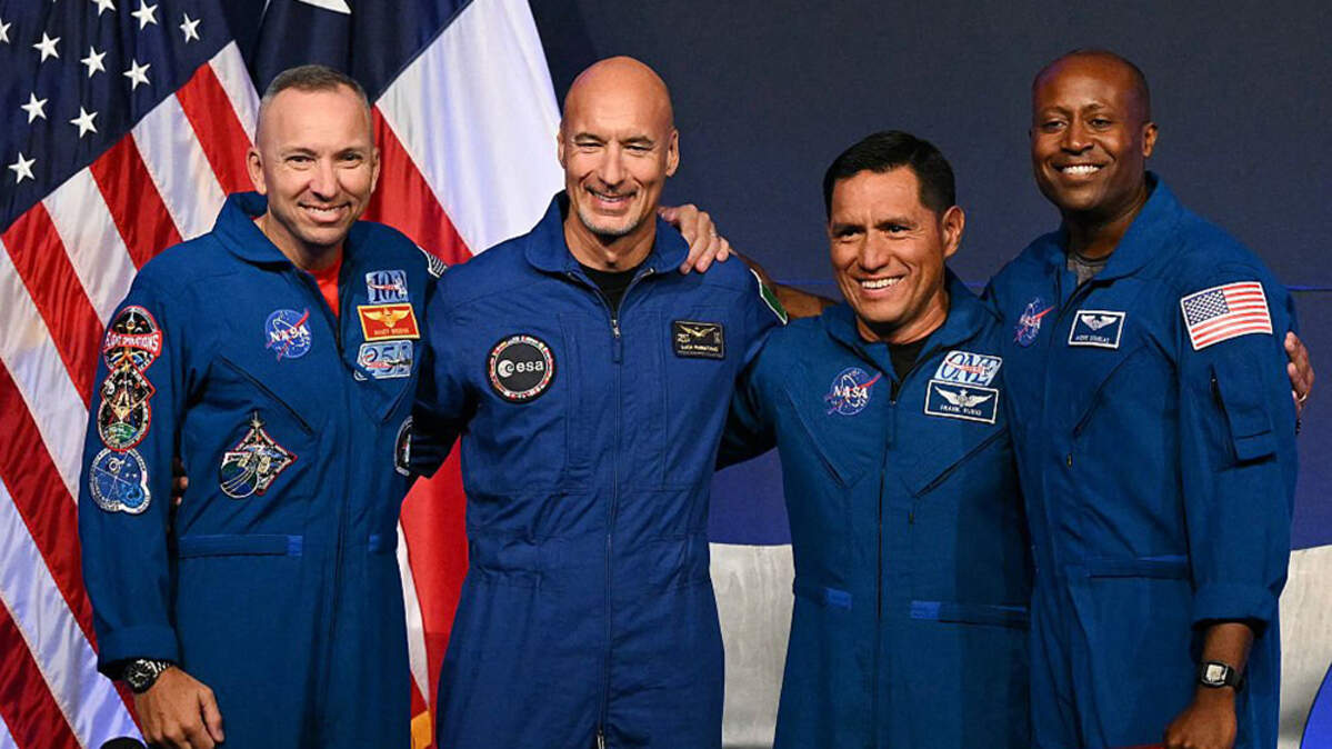 From left, NASA astronaut commander Randy Bresnik, European Space Agency astronaut pilot Luca Parmitano, NASA astronaut mission specialist Frank Rubio, and NASA astronaut mission specialist Andre Douglas speak during a news conference announcing the crew for the Artemis III mission at NASA's Johnson Space Center in Houston on Tuesday.