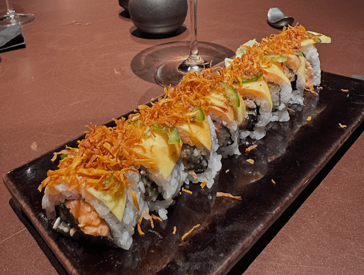  The Aruba Roll topped with mango and crispy sweet potato is filling enough to split between two people. Photo credit: April Benshosan 