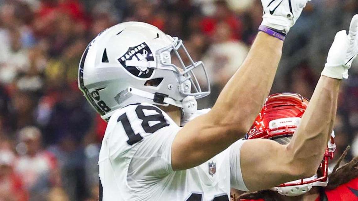  Dec 21, 2025; Houston, Texas, USA; Las Vegas Raiders wide receiver Jack Bech (18) catches a pass against the Houston Texans during the first quarter at NRG Stadium. Mandatory Credit: Troy Taormina-Imagn Images | Troy Taormina-Imagn Images 