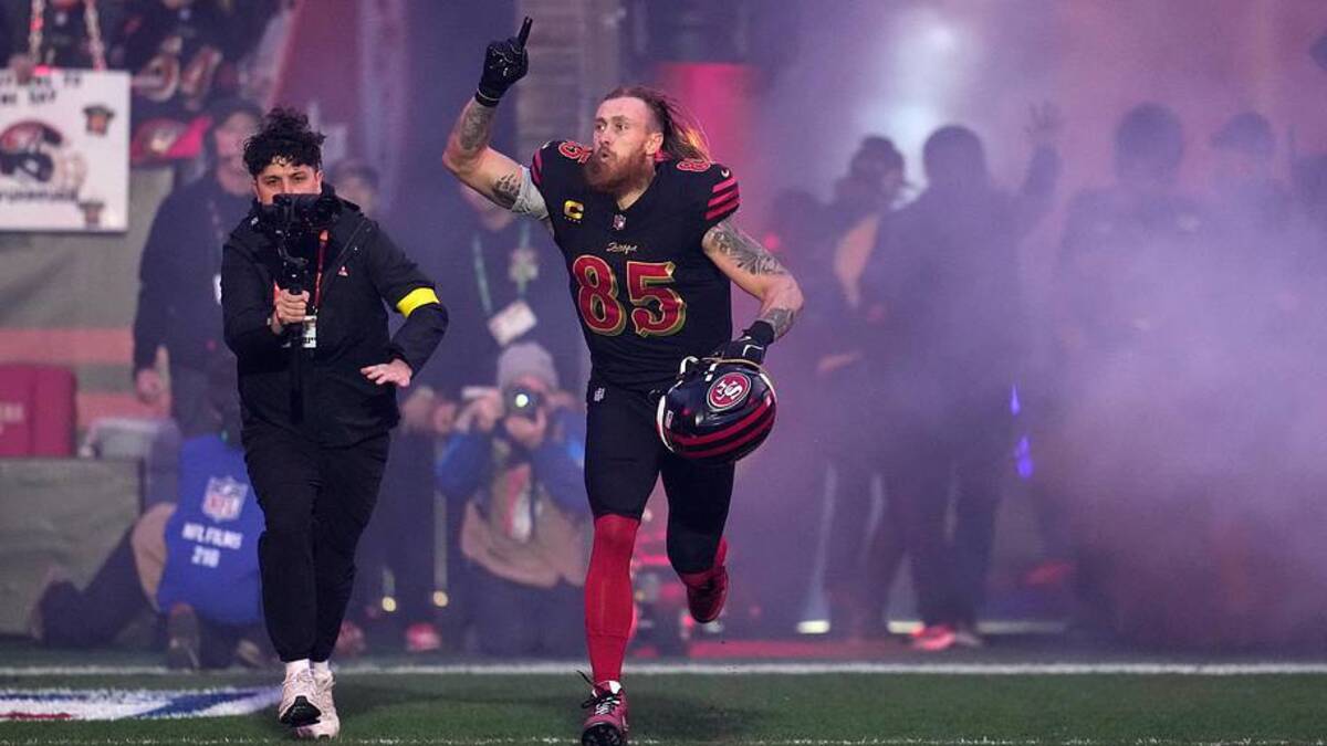  Jan 3, 2026; Santa Clara, California, USA; San Francisco 49ers tight end George Kittle (85) takes the field before the game at Levi's Stadium. Mandatory Credit: Neville E. Guard-Imagn Images | Neville E. Guard-Imagn Images 