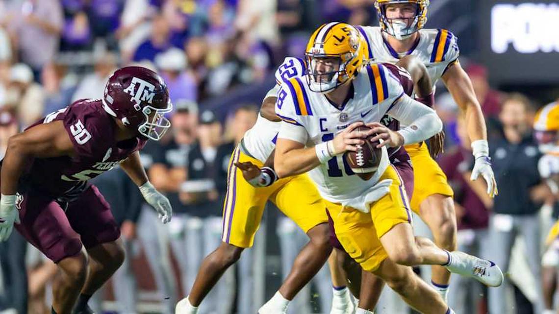  Tigers Quarterback Garrett Nussmeier 18 scrambles and is sacked by Linebacker Jaiden Bracker 15 as LSU Tigers take on the Texas A&M Aggies. October 25, 2025; Baton Rouge, Louisiana, USA; at Tiger Stadium. Saturday, Oct. 25, 2025. | SCOTT CLAUSE / USATODAY Network / USA TODAY NETWORK via Imagn Images 