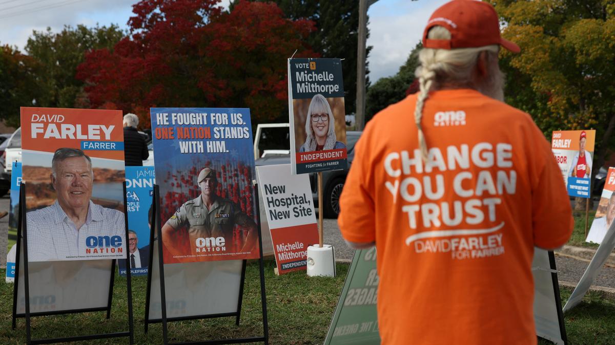 Campaign signs depicting One Nation candidate David Farley and former Australia soldier Ben Roberts-Smith are displayed outside a pre-polling centre ahead of the Farrer by-election in Albury, Australia, May 6, 2026. REUTERS/Hollie Adams