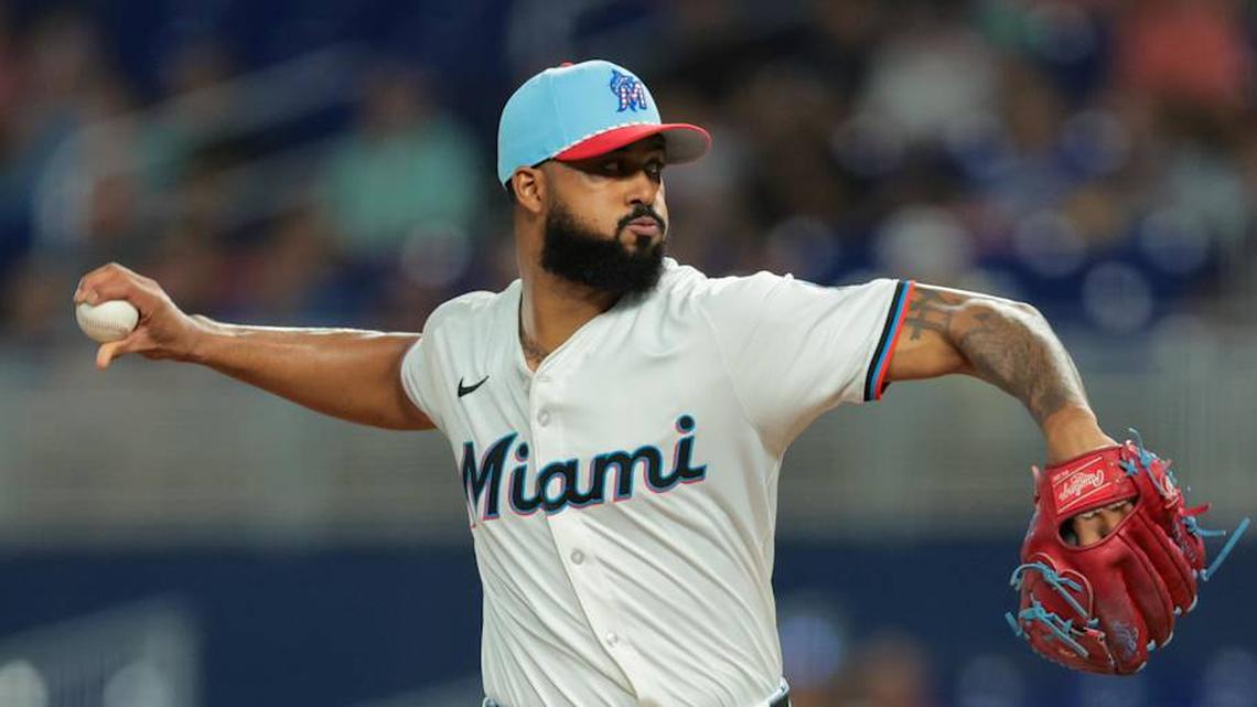Jul 4, 2025; Miami, Florida, USA; Miami Marlins starting pitcher Sandy Alcantara (22) delivers a pitch against the Milwaukee Brewers during the first inning at loanDepot Park. Mandatory Credit: Sam Navarro-Imagn Images