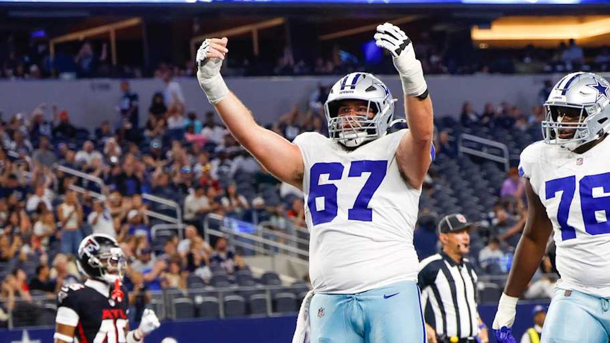  Aug 22, 2025; Arlington, Texas, USA; Dallas Cowboys center Brock Hoffman (67) celebrates after a touchdown during the fourth quarter against the Atlanta Falcons at AT&T Stadium. Mandatory Credit: Andrew Dieb-Imagn Images | Andrew Dieb-Imagn Images 