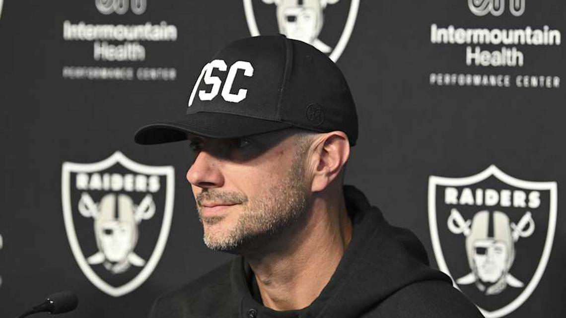  Apr 25, 2025; Henderson, NV, USA; (L-R) Las Vegas Raiders general manager John Spytek during a news conference introducing Ashton Jeanty as the first round draft pick in the 2025 NFL Draft at Intermountain Health Performance Center. Mandatory Credit: Candice Ward-Imagn Images | Candice Ward-Imagn Images 
