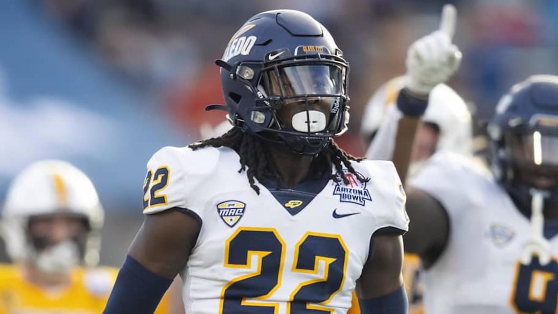  Dec 30, 2023; Tucson, AZ, USA; Toledo Rockets safety Emmanuel McNeil-Warren (22) against the Wyoming Cowboys in the Arizona Bowl at Arizona Stadium. Mandatory Credit: Mark J. Rebilas-USA TODAY Sports | Mark J. Rebilas-USA TODAY Sports 