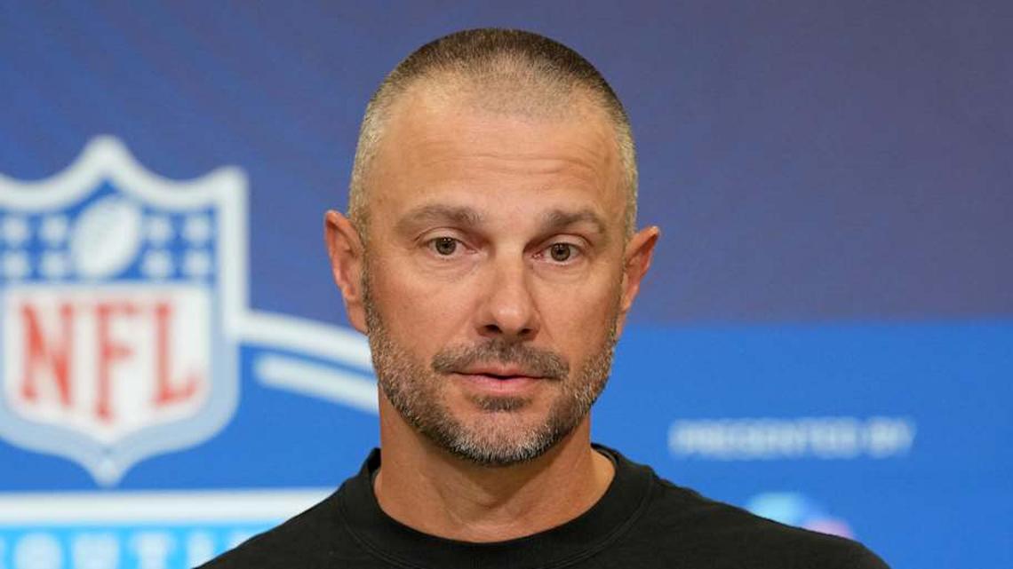  Feb 24, 2026; Indianapolis, IN, USA; Las Vegas Raiders general manager John Spytek speaks at the NFL Scouting Combine at the Indiana Convention Center. Mandatory Credit: Kirby Lee-Imagn Images | Kirby Lee-Imagn Images 