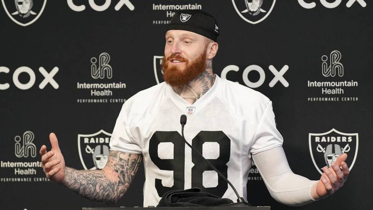  Jun 3, 2026; Henderson, NV, USA; Las Vegas Raiders defensive end Maxx Crosby (98) speaks during a news conference during organized team activities at Intermountain Health Performance Center. Mandatory Credit: Candice Ward-Imagn Images | Candice Ward-Imagn Images 