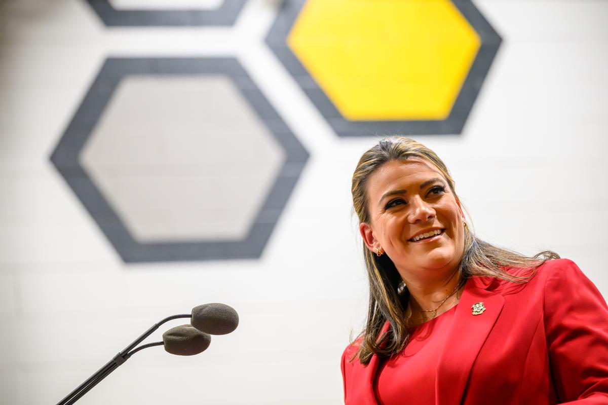  November 20, 2025 New Britain, CT Speaking at New Britain Stadium, Erin Stewart announced her candidacy for Governor. (Mark Mirko/Connecticut Public via Getty Images) 