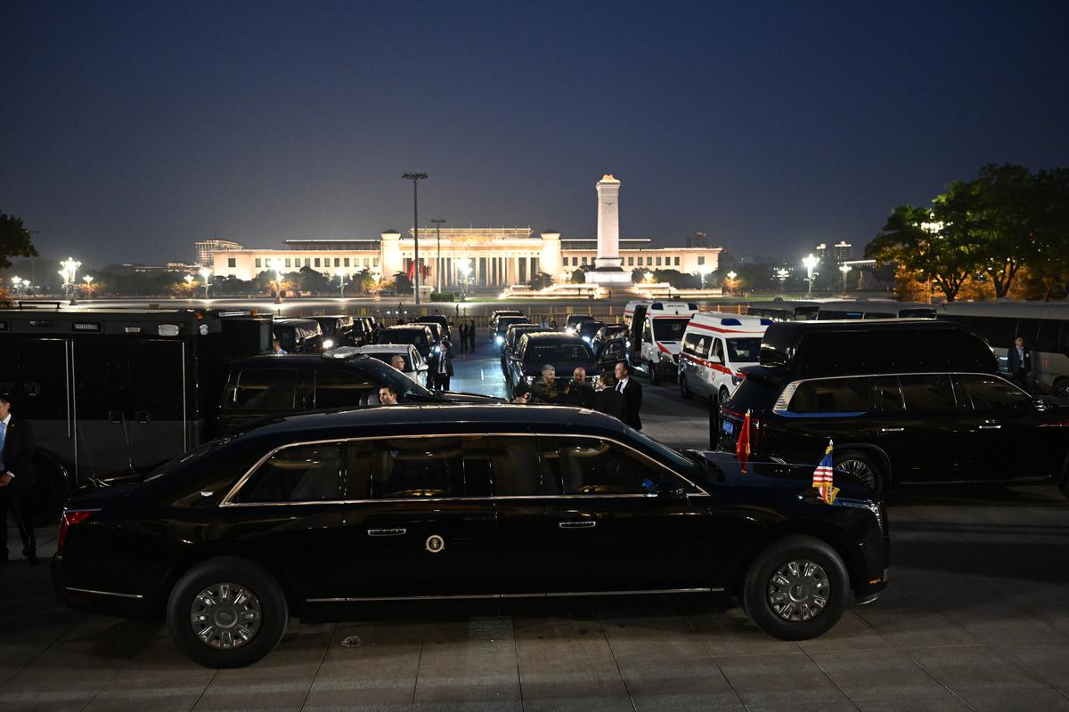 Official vehicles outside the Great Hall of the People in Beijing, during a state banquet for President Donald Trump and President Xi Jinping of China, on Thursday, May 14, 2026. During the first U.S. presidential visit to China in nearly a decade, Xi delivered a warning on Taiwan, saying that the issue, if handled poorly, could lead to conflict and "an extremely dangerous situation." (Kenny Holston/The New York Times)..