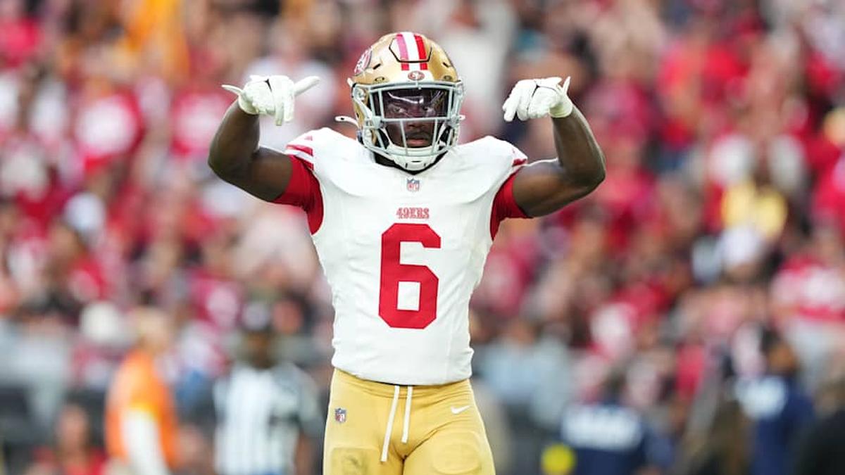  Nov 16, 2025; Glendale, Arizona, USA; San Francisco 49ers safety Malik Mustapha (6) reacts in the second half against the Arizona Cardinals at State Farm Stadium. Mandatory Credit: Joe Camporeale-Imagn Images | Joe Camporeale-Imagn Images 