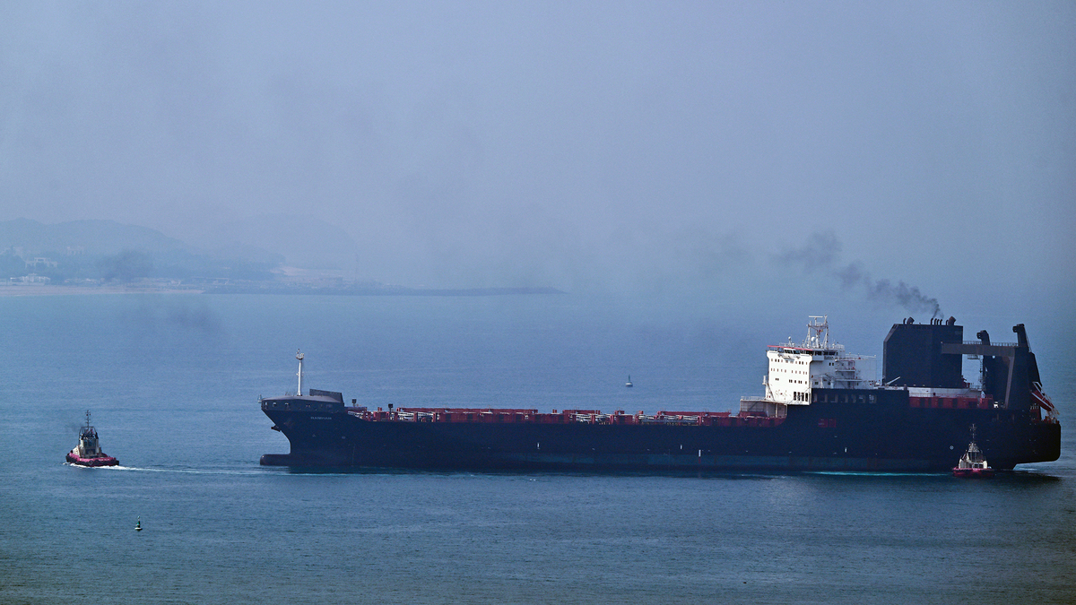 A tugboat guides a ship at the Khor Fakkan Container Terminal, the only natural deep-sea port in the region and one of the major container ports in Sharjah Emirate, along the Gulf of Oman on July 14.