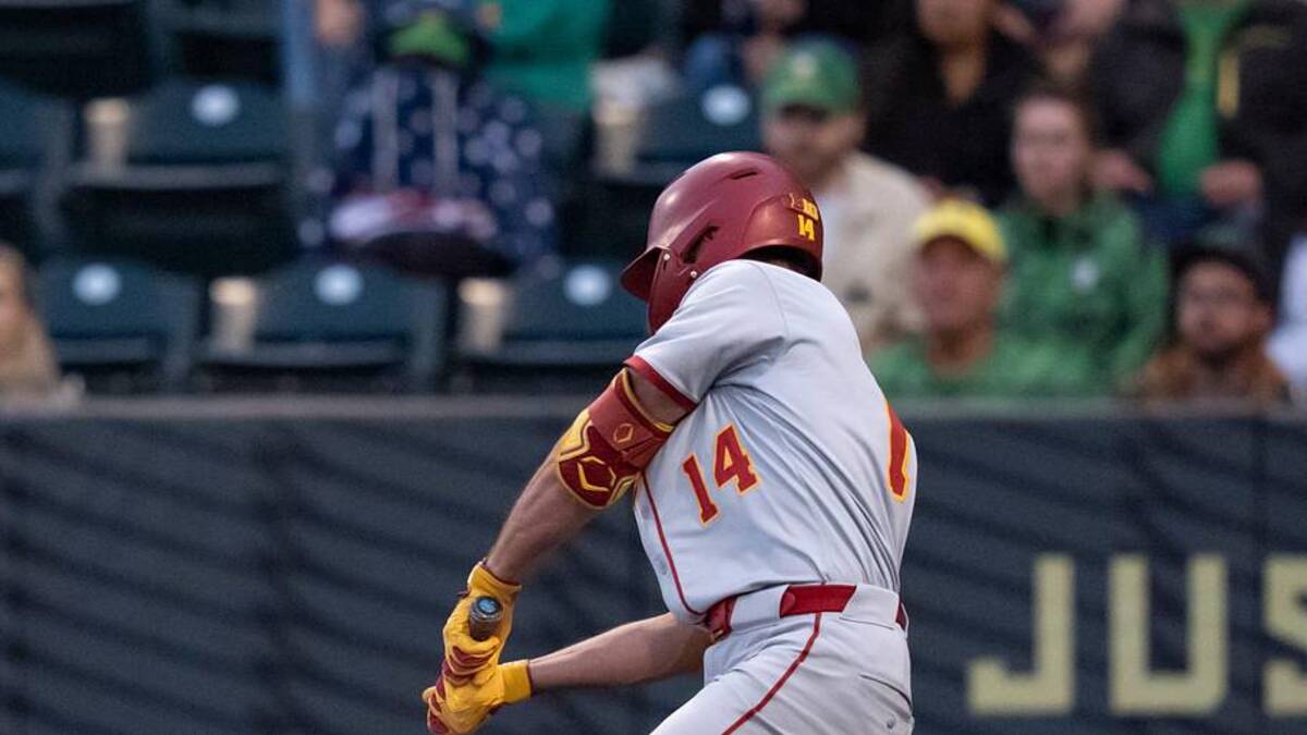  USC outfielder Jack Basseer hits a single as the Oregon Ducks host the USC Trojans on May 14, 2026, in Eugene, Oregon. | Ben Lonergan/The Register-Guard / USA TODAY NETWORK via Imagn Images 