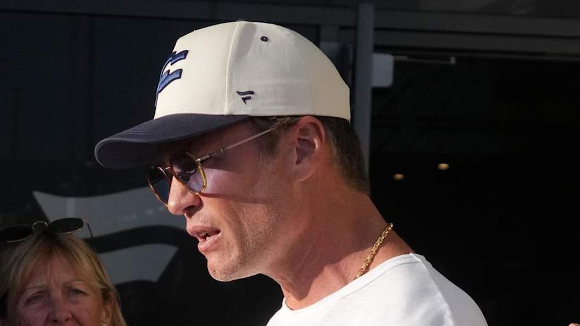  Mar 21, 2026; Los Angeles, CA, USA; Founders FFC quarterback Tom Brady (12) talks with fans during the Fanatics Flag Football Classic at BMO stadium. Mandatory Credit: Kirby Lee-Imagn Images | Kirby Lee-Imagn Images 