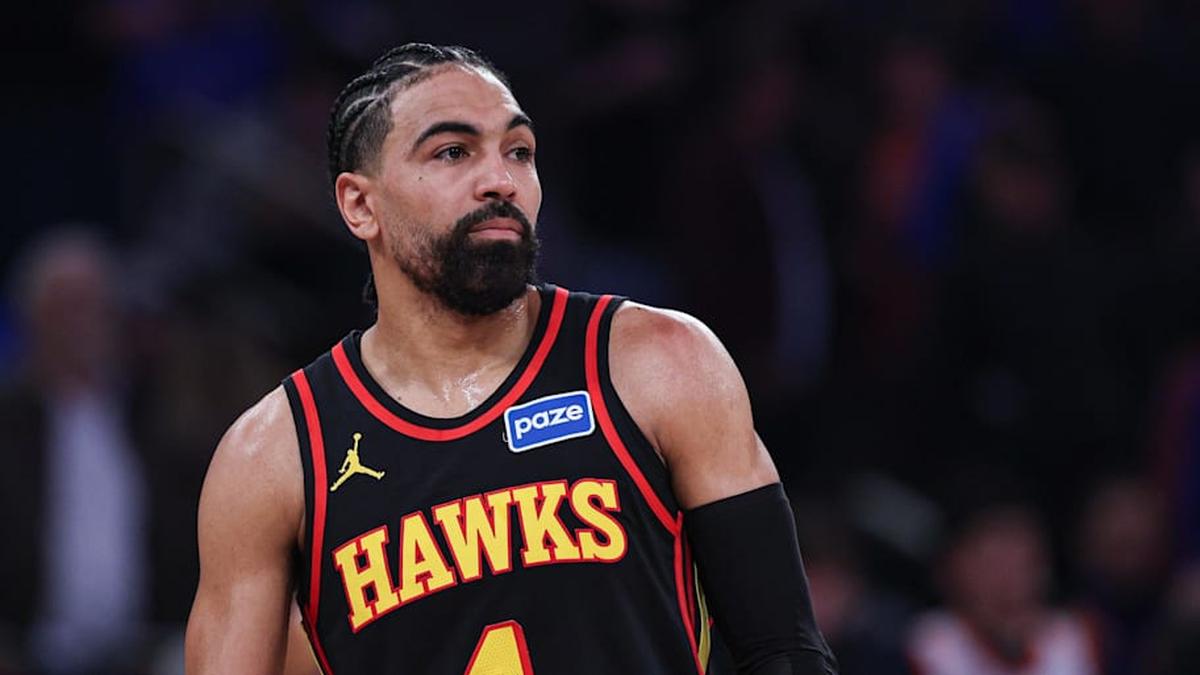  Apr 18, 2026; New York, New York, USA; Atlanta Hawks guard Gabe Vincent (4) looks on during the first half of the 2026 NBA Playoffs against the New York Knicks at Madison Square Garden. | Vincent Carchietta-Imagn Images 
