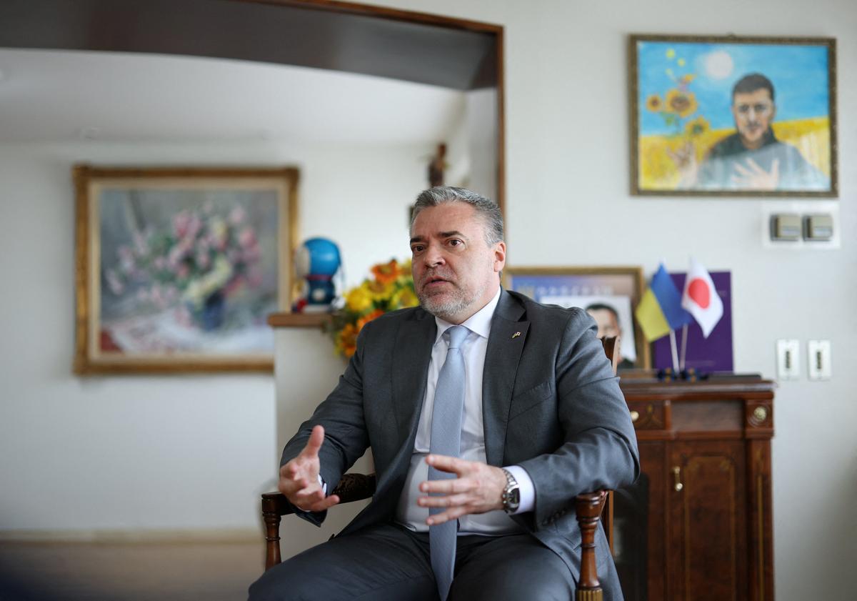Ukraine's Ambassador to Japan Yurii Lutovinov speaks during an interview with Reuters at Ukraine Embassy in Tokyo, Japan April 28, 2026.  REUTERS/Issei Kato