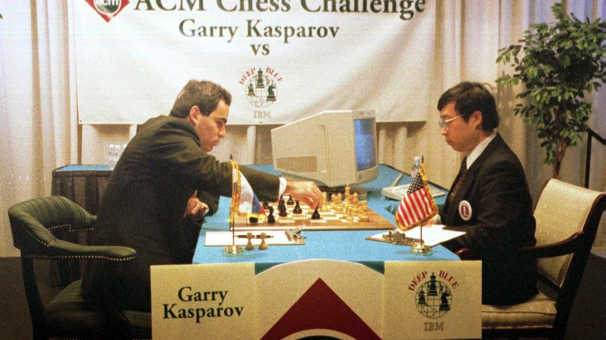 World Champion Chess champion Garry Kasparov plays against IBM's Deep Blue computer at the Association for Computing Chess Challenge on February 11, 1996, in Philadelphia. On May 11, 1997, Kasparov was defeated by a computer, IBM's Deep Blue, in a six-game match in New York. File Photo by Laurence Kesterson/UPI