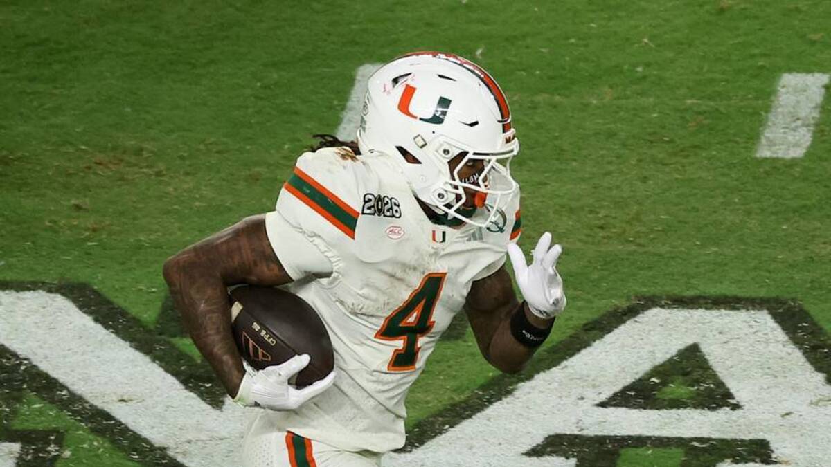  Jan 19, 2026; Miami Gardens, FL, USA; Miami Hurricanes running back Mark Fletcher Jr. (4) carries the ball against the Indiana Hoosiers in the third quarter during the College Football Playoff National Championship game at Hard Rock Stadium. Mandatory Credit: Kim Klement Neitzel-Imagn Images | Kim Klement Neitzel-Imagn Images 