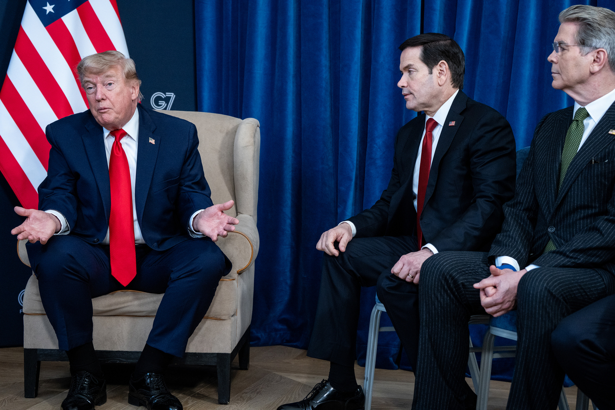 President Donald Trump, left, attends a bilateral meeting with the Emir of Qatar, Tamim Bin Hamad Al-Thani, not pictured, Secretary of State Marco Rubio, center, and Treasury Secretary Scott Bessent during the G7 Summit in Evian-les-Bains, France, June 16, 2026. (Haiyun Jiang/The New York Times)