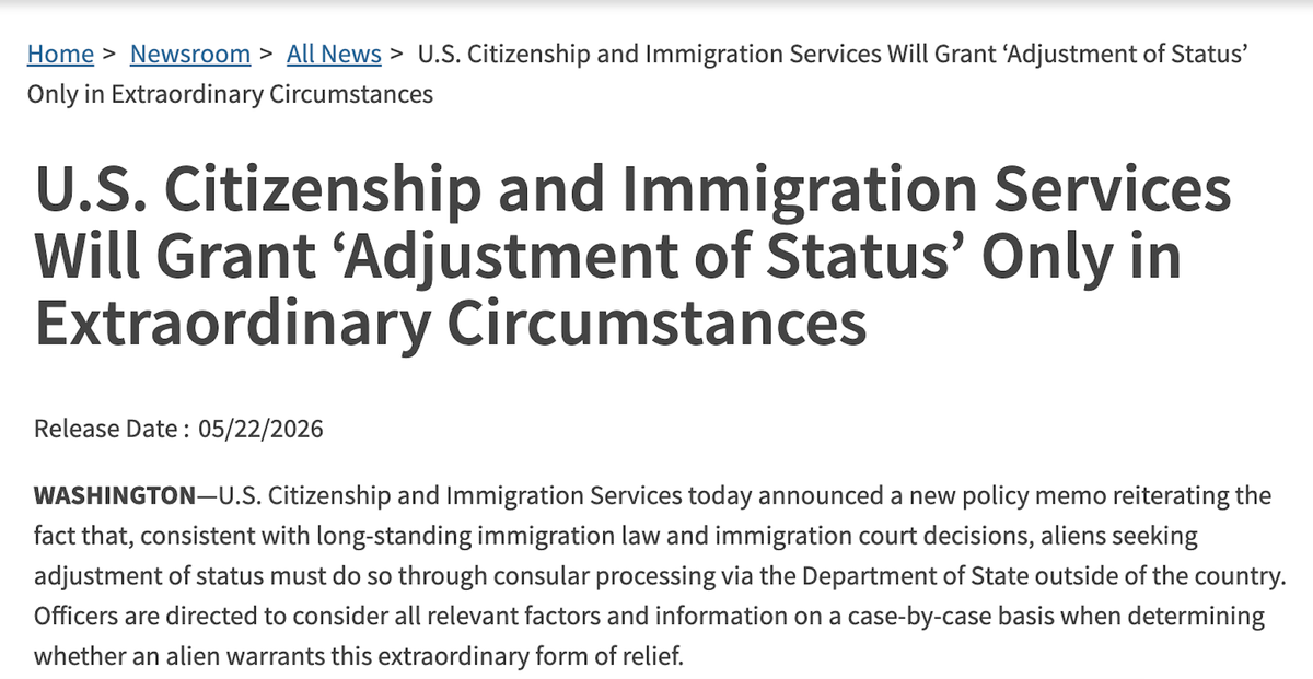  The press release from the U.S. Citizenship and Immigration Services announcing the change in policy regarding green cards. U.S. Citizenship and Immigration Services 