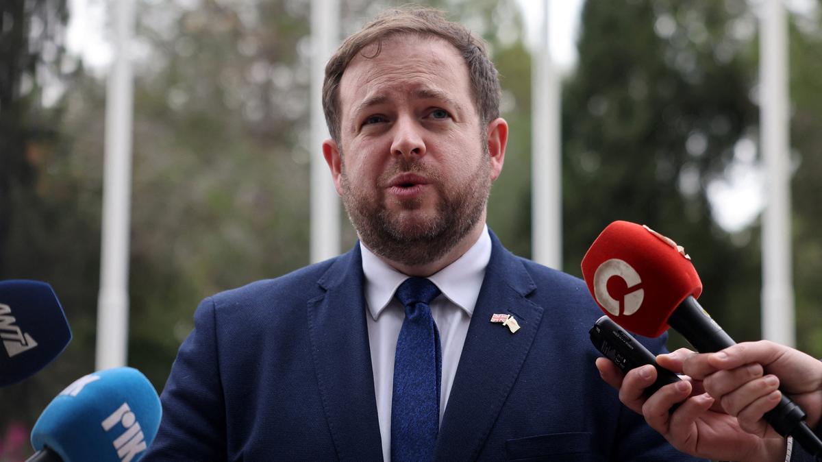 British Minister of State for Europe Stephen Doughty speaks to members of the media after a meeting  with Cyprus' Foreign Minister Constantinos Kombos at the Foreign Ministry in Nicosia, Cyprus, March 19, 2026. REUTERS/Yiannis Kourtoglou