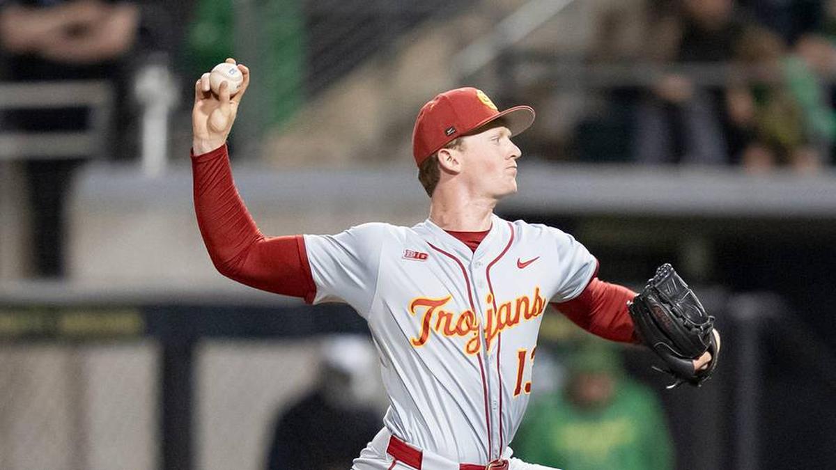  USC pitcher Andrew Johnson throws a pitch as the Oregon Ducks host the USC Trojans on May 14, 2026, in Eugene, Oregon. | Ben Lonergan/The Register-Guard / USA TODAY NETWORK via Imagn Images 