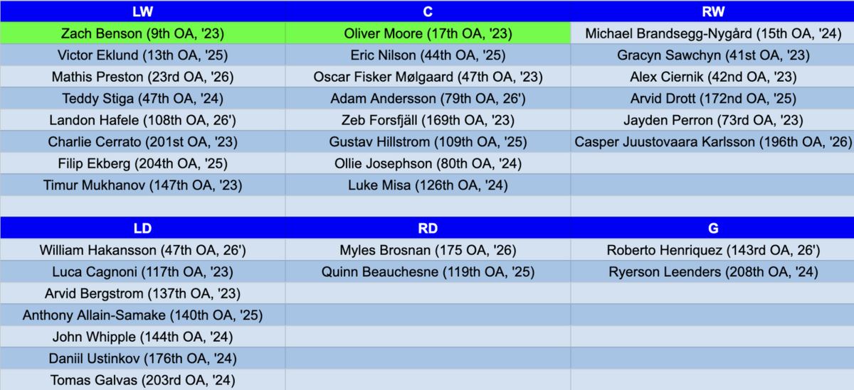  The depth chart for Team Ferrari's draft picks over the last four draft classes. The green highlights signify that the player is a full time NHLer. Other players have made the NHL but are not full-time NHLers as of yet.  