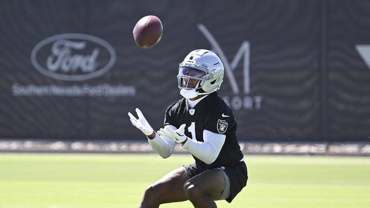  May 20, 2026; Henderson, NV, USA; Las Vegas Raiders wide receiver Tre Tucker (1) practices during organized team activities at Intermountain Health Performance Center. Mandatory Credit: Candice Ward-Imagn Images | Candice Ward-Imagn Images 