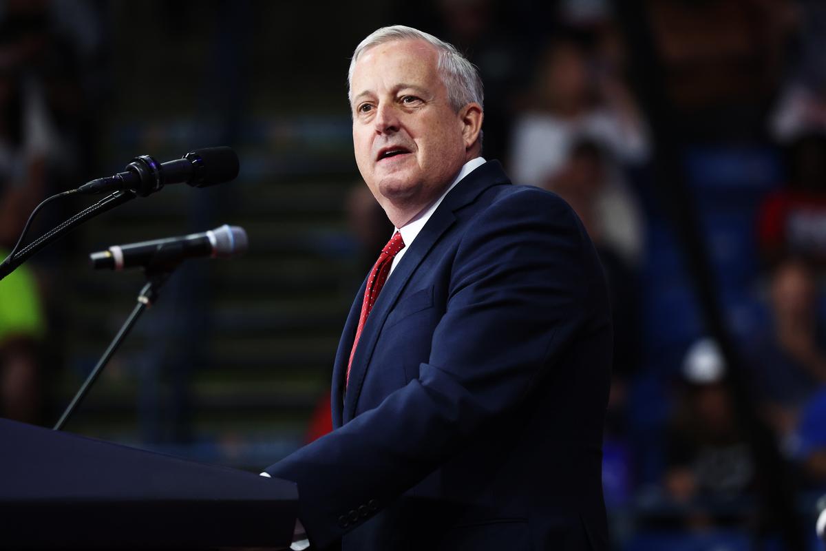  Republican North Carolina Senate candidate Michael Whatley speaks during a rally in Wilkes-Barre, Pennsylvania, on August 17, 2024. 