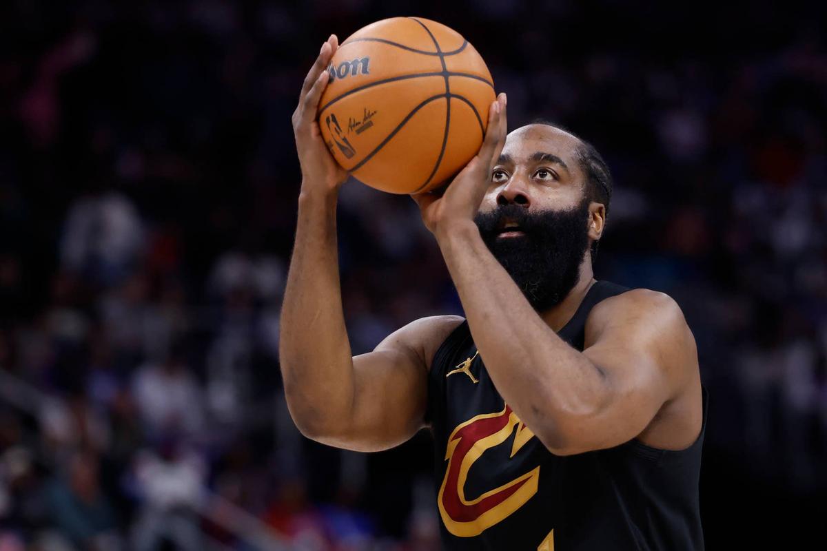  May 7, 2026; Detroit, Michigan, USA; Cleveland Cavaliers guard James Harden (1) shoots in the first half against the Detroit Pistons during game two of the second round of the 2026 NBA Playoffs at Little Caesars Arena. Mandatory Credit: Rick Osentoski-Imagn Images 
