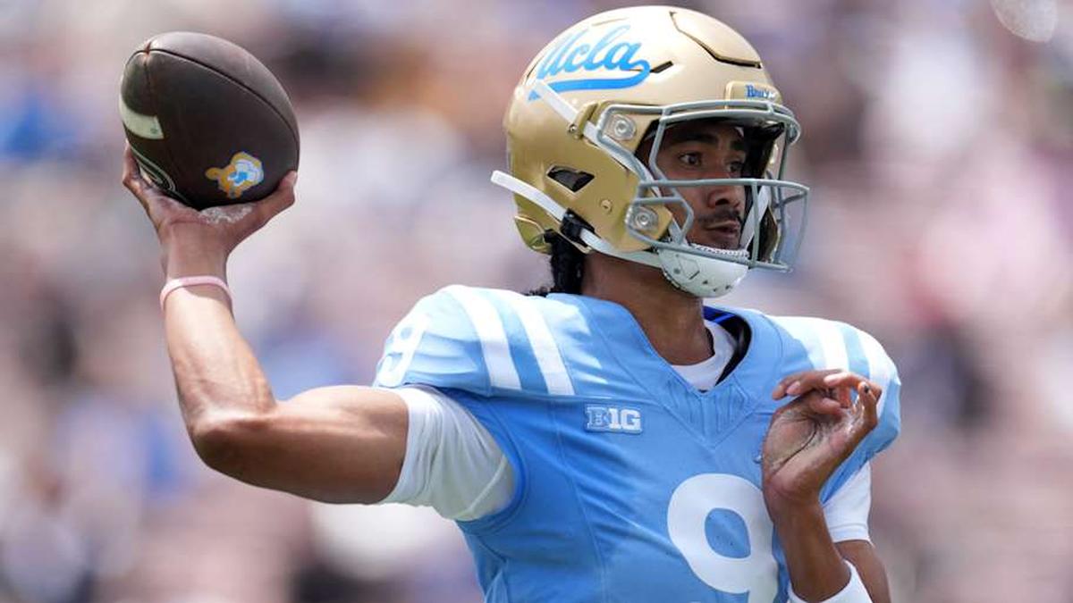  May 2, 2026; Pasadena, CA, USA; UCLA Bruins quarterback Nico Iamaleava (9) throws the ball during the spring game at Rose Bowl. Mandatory Credit: Kirby Lee-Imagn Images | Kirby Lee-Imagn Images 