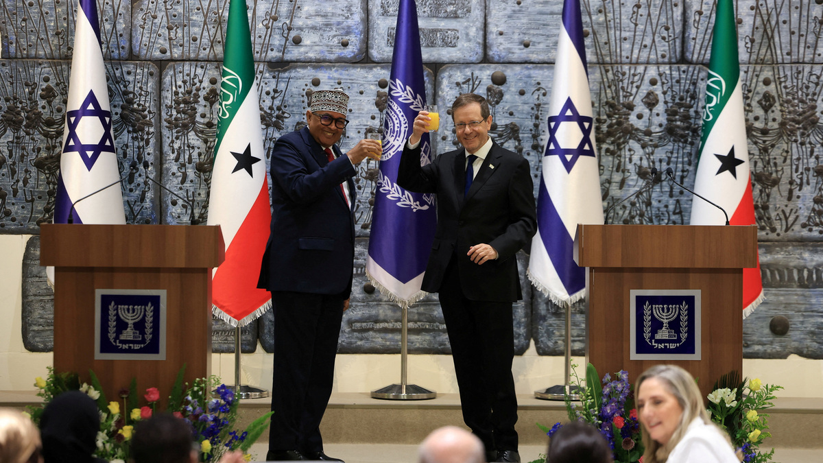 FILE PHOTO: Israel's President Isaac Herzog and Somaliland's President Abdirahman Mohamed Abdullahi hold up glasses of beverage before giving statements to the press at the President's Residence in Jerusalem, June 14, 2026. REUTERS/Ronen Zvulun/File Photo