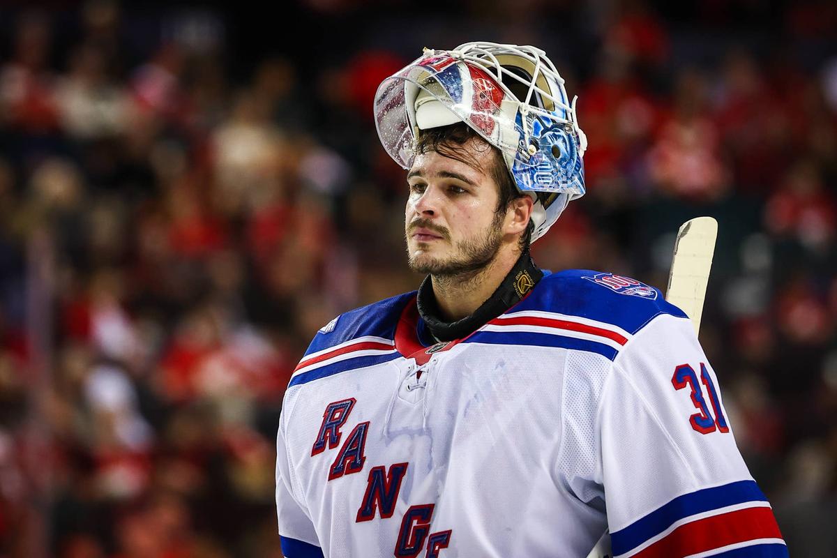  New York Rangers goaltender Igor Shesterkin at Scotiabank Saddledome. Sergei Belski-Imagn Images