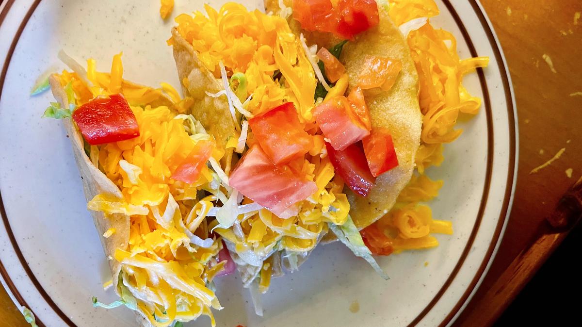 Three hard shell beef tacos from Mitla Cafe, the San Bernardino restaurant that indirectly served as the inspiration for Taco Bell and Del Taco. (Jenn Harris/Los Angeles Times/TNS)