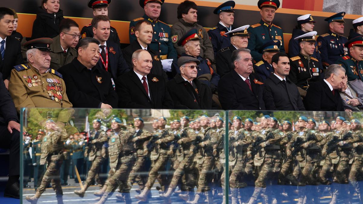 In this pool photograph distributed by the Russian state agency Sputnik, Russia's President Vladimir Putin and foreign leaders attend the Victory Day military parade at Red Square in central Moscow on May 9, 2025. Russia celebrates the 80th anniversary of the Soviet Union's victory over Nazi Germany in World War Two (WWII). (Vyacheslav Prokofyev Pool/AFP/Getty Images/TNS)