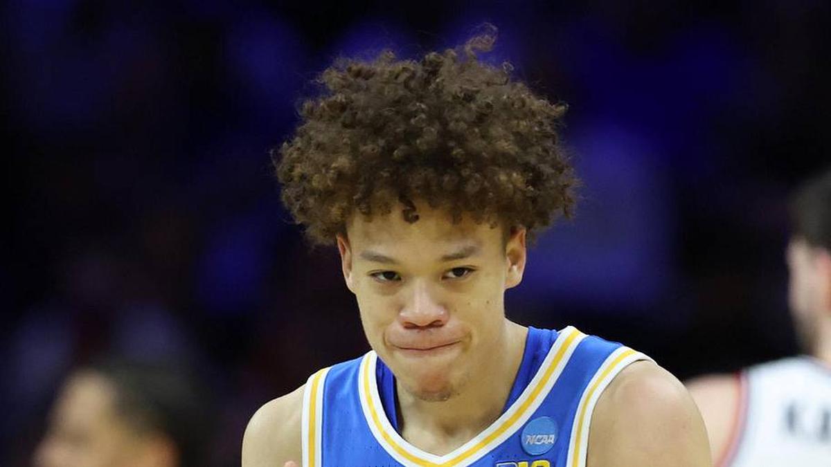 Mar 22, 2026; Philadelphia, PA, USA; UCLA Bruins guard Trent Perry (0) reacts against the UConn Huskies in the first half during a second round game of the men's 2026 NCAA Tournament at Xfinity Mobile Arena. Mandatory Credit: Bill Streicher-Imagn Images | Bill Streicher-Imagn Images 