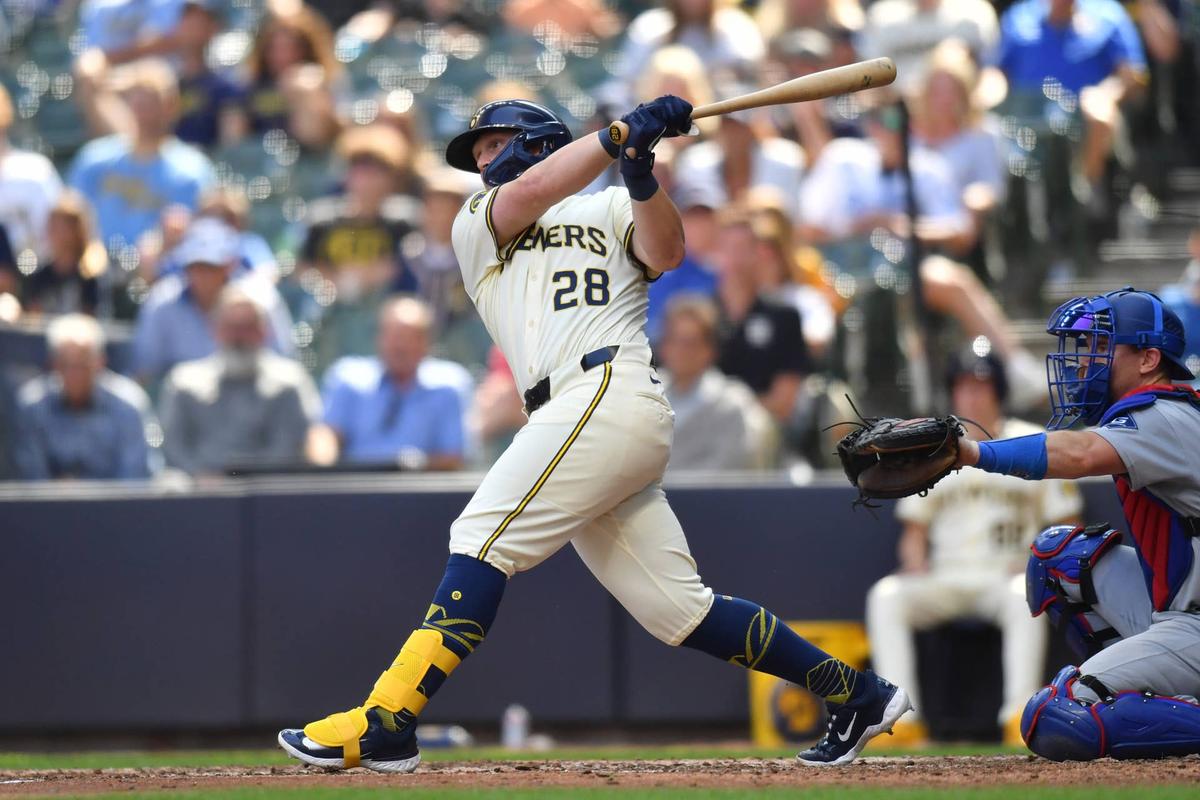  Jul 9, 2025; Milwaukee, Wisconsin, USA; Milwaukee Brewers pinch hitter Andrew Vaughn (28) @ Patrick Gorski-Imagn Images