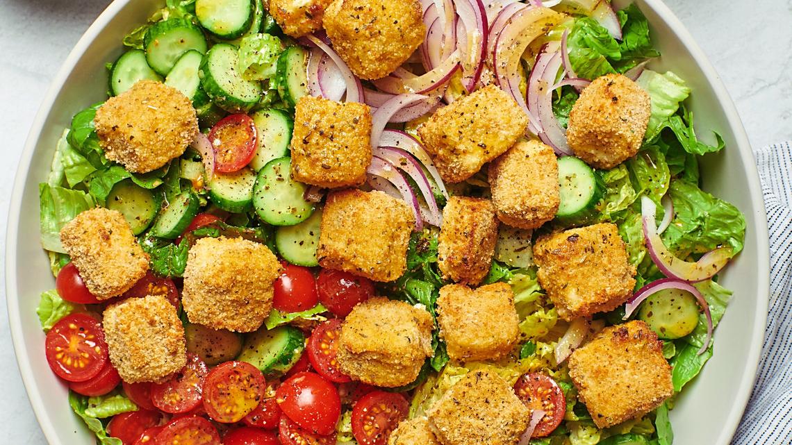Feel Good Foodie's Crispy Feta Crouton Salad Recipe Is An Easy And Refreshing Dinner 